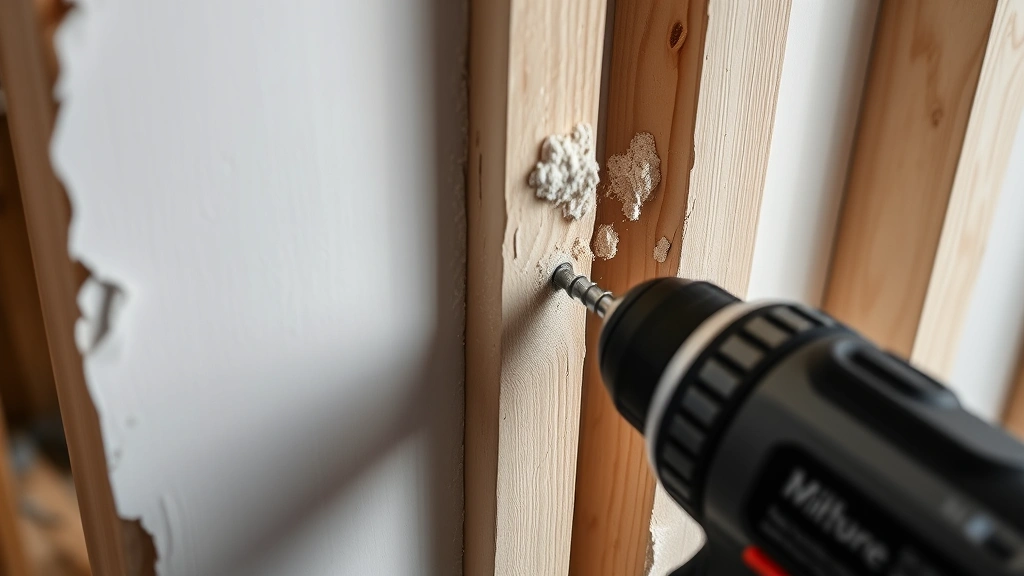 Close-up of drywall screws being driven into wall studs with power drill, showing proper fastening depth creating small dimples in paper surface, workshop lighting