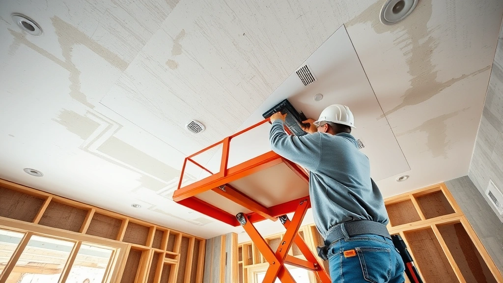 Wide angle of worker using drywall lift to position ceiling sheet, showing correct positioning and equipment setup, residential construction site with framing visible