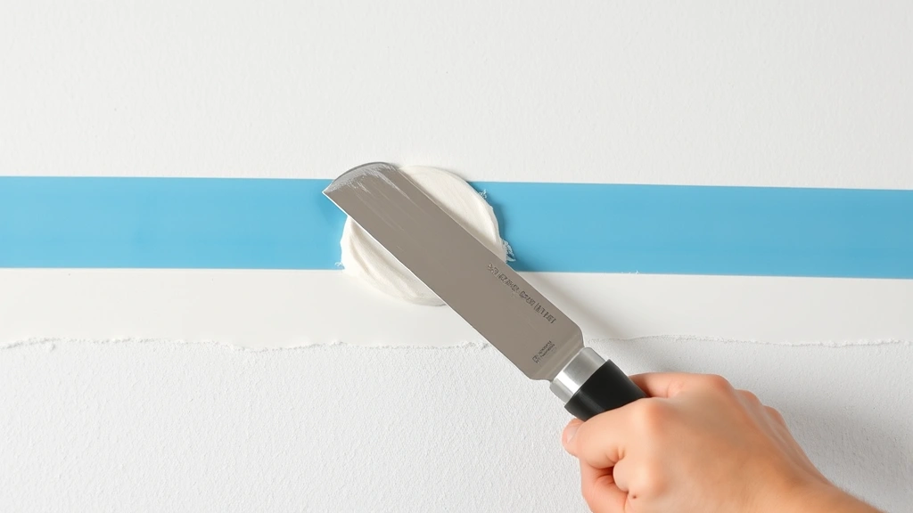 Professional mudding technique showing taping knife applying joint compound over fiberglass mesh tape on wall seam, demonstrating feathering technique with compound spreading beyond tape width