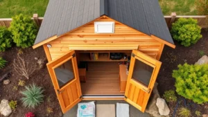 Aerial view of completed wooden shed with gable roof and open double doors revealing organized interior storage shelves and workbench area, surrounded by landscaping