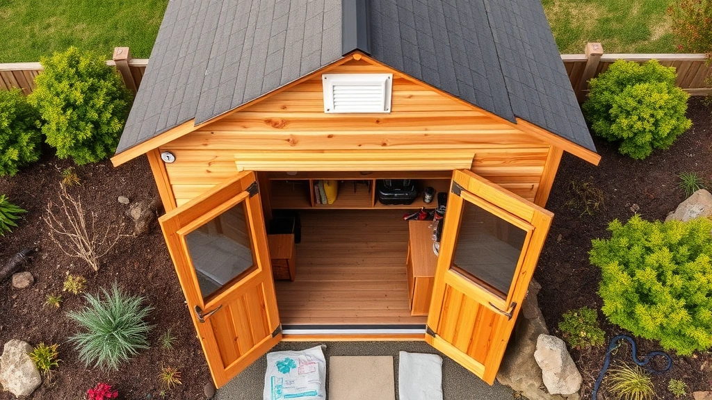 Aerial view of completed wooden shed with gable roof and open double doors revealing organized interior storage shelves and workbench area, surrounded by landscaping