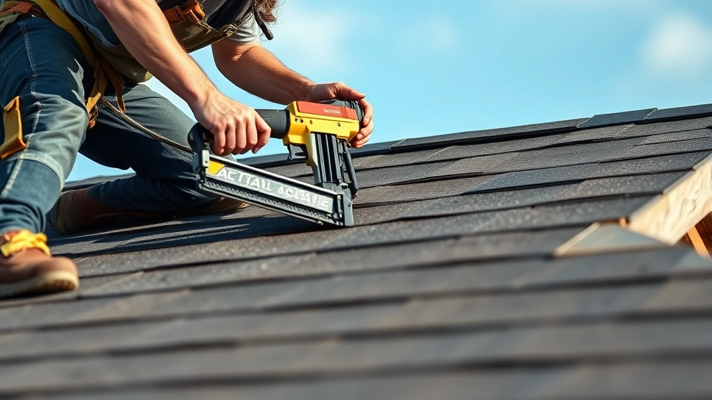 Close-up of carpenter installing asphalt shingles on shed roof using nail gun, showing proper technique and safety equipment on steep pitched roof