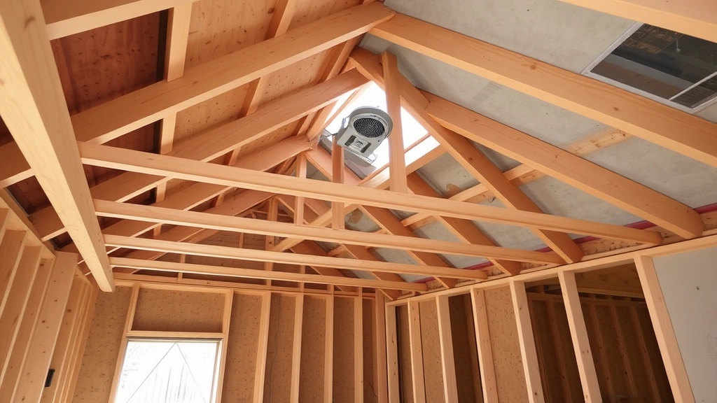 Interior workshop shed with exposed framing, roof trusses, ridge vent, soffit ventilation, electrical outlet boxes, and drywall installation in progress