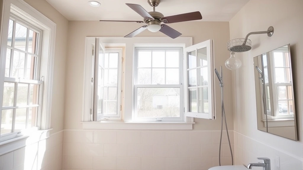 Well-lit bathroom interior with windows open and a fan running, showing optimal ventilation conditions for caulk drying with natural daylight streaming in
