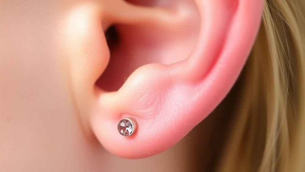 Close-up of healing earlobe piercing with clear jewelry, showing normal healing stage with slight redness and minimal swelling in good lighting