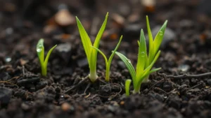 Close-up of fresh grass seedlings emerging from rich dark soil, early morning dew visible on tiny green shoots, shallow depth of field showing soil texture and moisture
