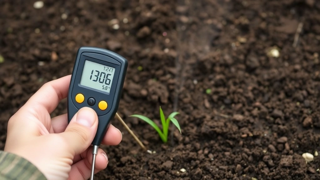Gardener's hand holding soil moisture meter inserted into dark loamy soil during grass seed germination phase, measuring optimal moisture levels for sprouting