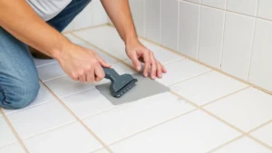 Professional tile installer applying gray grout between white ceramic floor tiles using a grout float, showing proper technique and angle in a residential bathroom setting