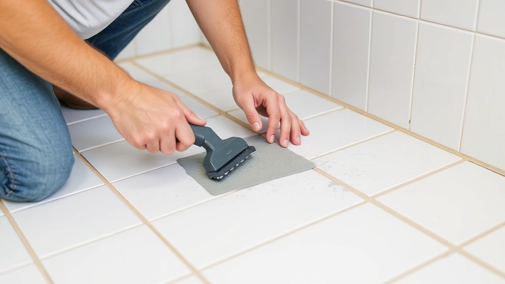 Professional tile installer applying gray grout between white ceramic floor tiles using a grout float, showing proper technique and angle in a residential bathroom setting