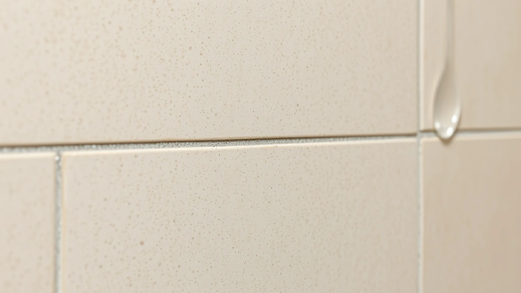 Close-up of drying grout between large format porcelain tiles on a shower wall, showing texture and color change as it cures, with water droplets visible nearby