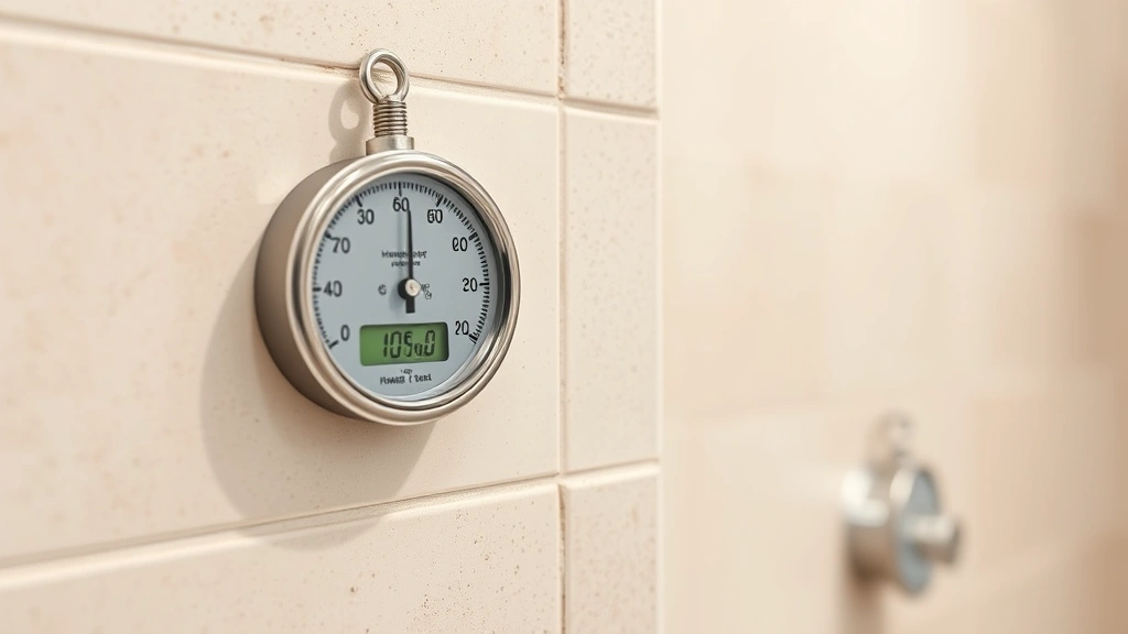 Humidity meter and thermometer mounted on a bathroom wall during tile grouting project, showing ideal environmental conditions for proper grout curing with neutral background