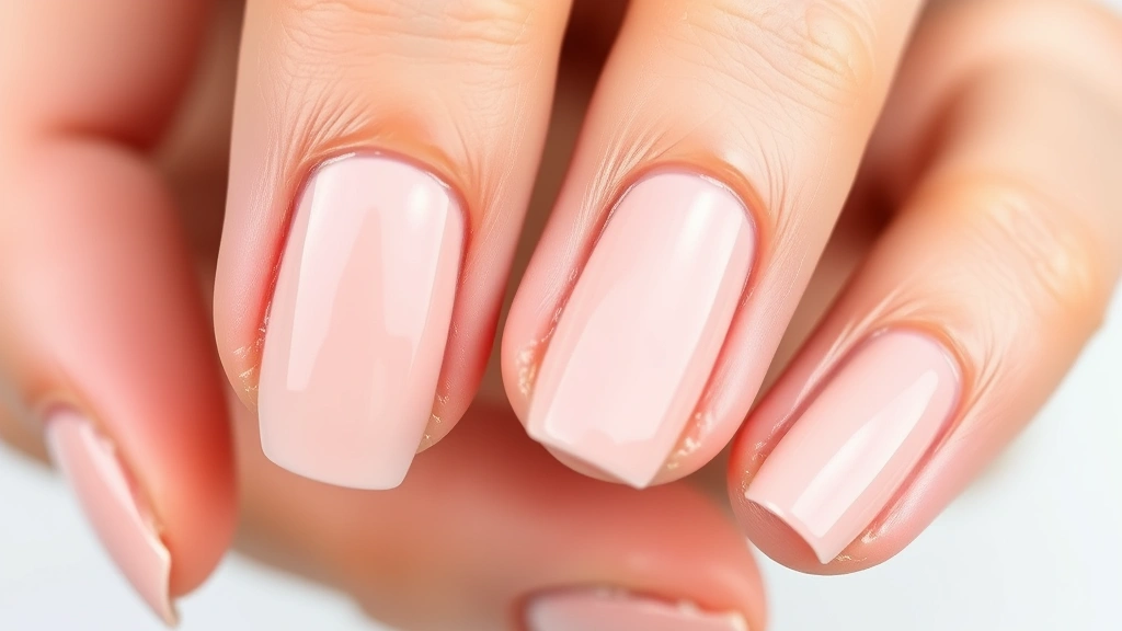 Close-up of hands with freshly painted nail polish in neutral tones, fingers spread naturally against a soft white background, showing glossy wet finish with visible brush strokes and shine