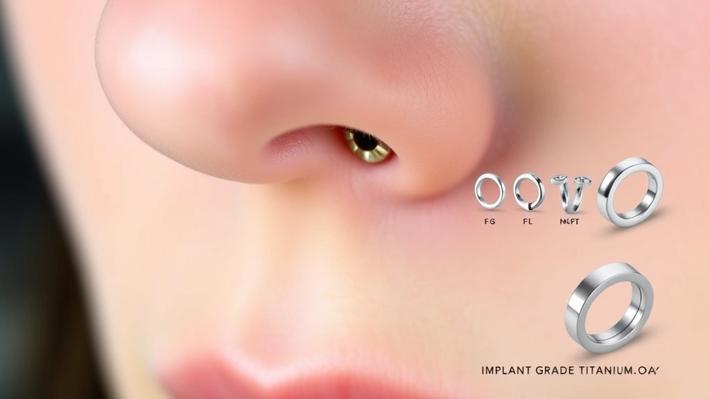 Healed mature nose piercing with quality jewelry in place, clear skin around well-established fistula, professional jewelry display showing implant-grade titanium options, healthy healing result