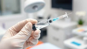 Close-up of dental anesthetic syringe with clear fluid being prepared by gloved dentist hands in modern dental office setting with blurred background