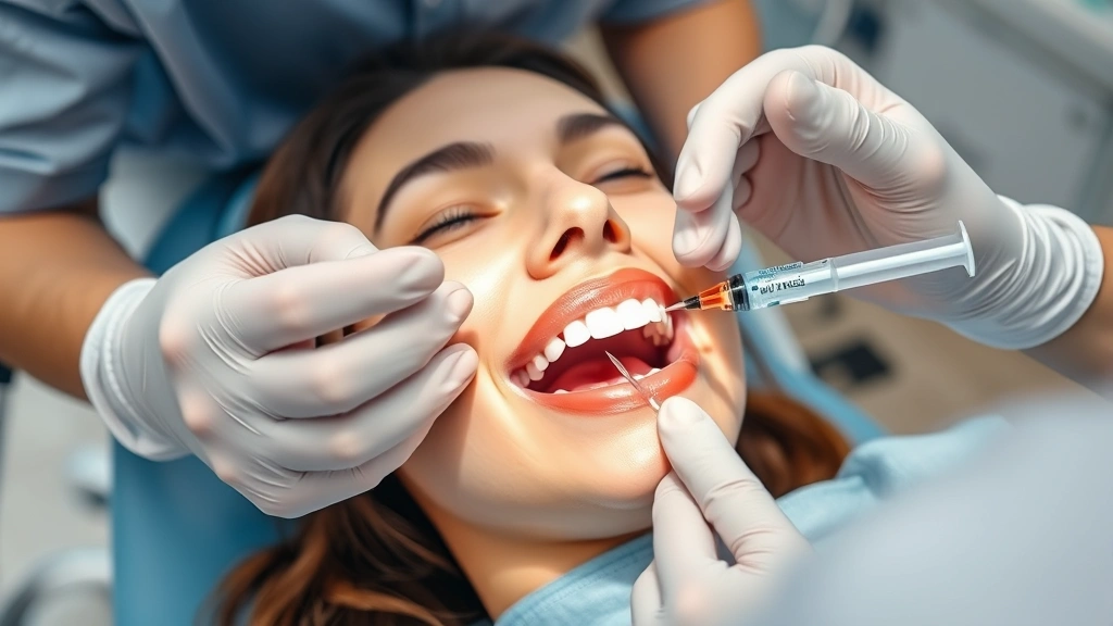 Patient sitting in dental chair with dentist administering local anesthetic injection into gum tissue, showing professional dental procedure technique