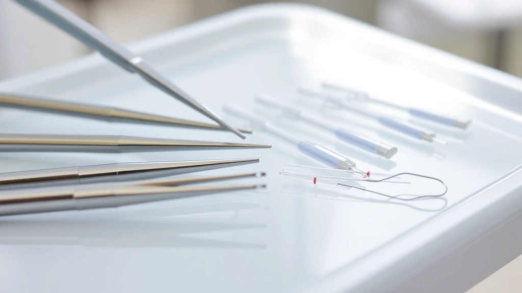 Close-up of surgical instruments and dissolvable sutures on a sterile dental tray, showing chromic catgut and synthetic polyglactin materials in clear detail, professional dental office setting with bright lighting