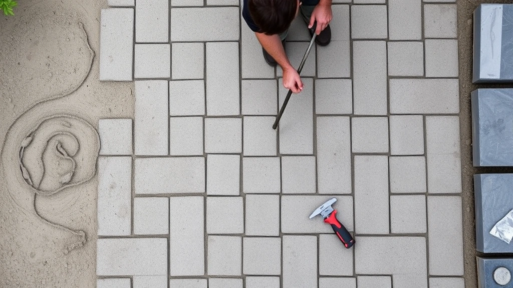 Overhead view of a professional mason laying interlocking concrete pavers in herringbone pattern on a freshly prepared sand base, showing proper spacing and alignment tools