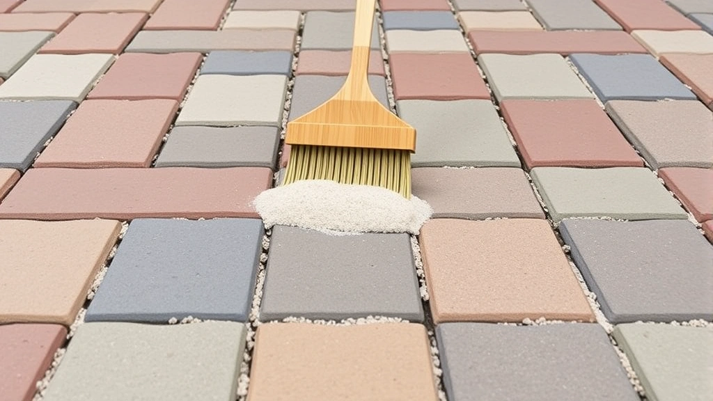 Close-up of a completed multi-colored paver patio with polymeric sand being swept between joints, demonstrating proper finishing technique with clean, even spacing