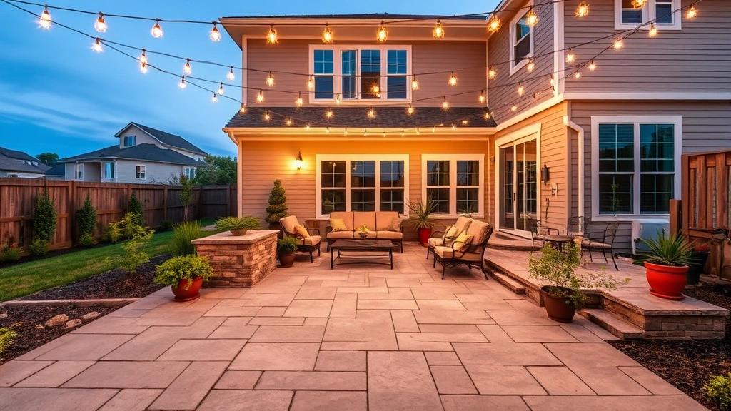 Wide shot of finished backyard patio with natural stone surface, integrated seating area, potted plants, and string lighting overhead creating ambient evening atmosphere