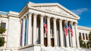 Federal courthouse building exterior with marble columns and American flags, professional legal architecture, daytime photography