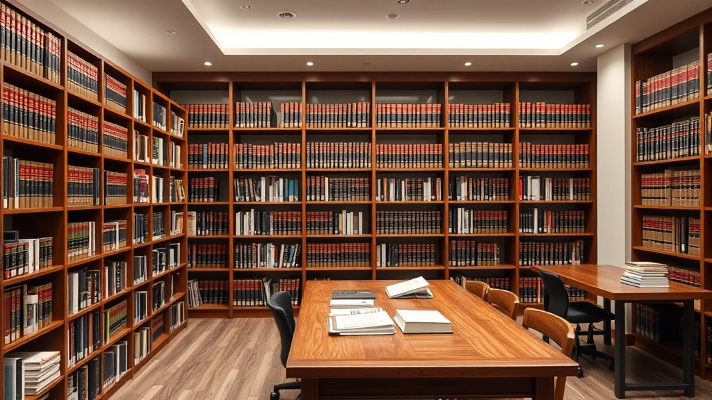 Interior of modern law library with law books on shelves, legal research materials, and wooden study tables, professional setting