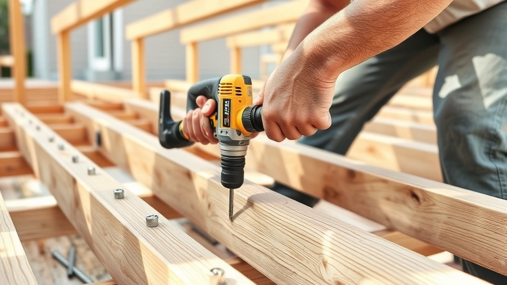 Professional carpenter using power drill to install galvanized fasteners into pressure-treated deck joists on a residential construction site during daytime
