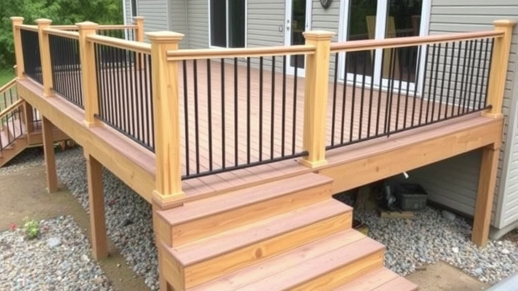 Completed multilevel wooden deck with composite decking boards and metal railings attached to house, showing proper flashing and ledger board connection
