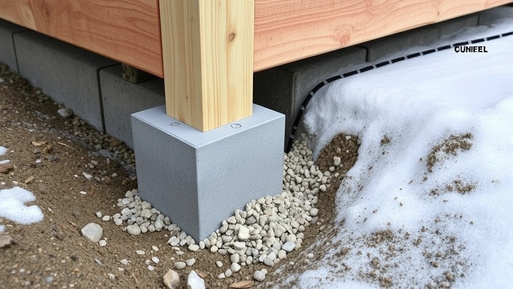 Close-up of properly installed deck post base on concrete footing with gravel drainage, demonstrating frost-resistant foundation construction technique
