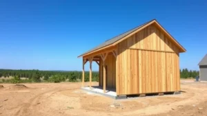 Wide aerial view of a completed wooden shed with gabled roof, concrete foundation pad, landscaped surroundings, and clear blue sky in background