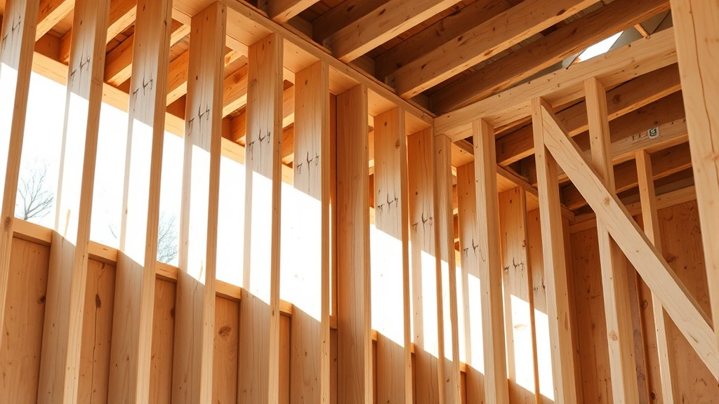 Close-up of wooden wall framing showing vertical studs, horizontal plates, and diagonal bracing during construction phase with natural daylight
