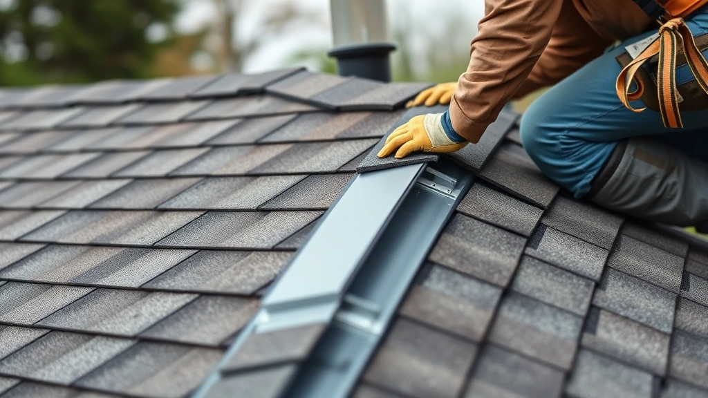 Detailed shot of roofer installing asphalt shingles on pitched roof with ridge vent visible, proper overhang, and quality fastening techniques demonstrated