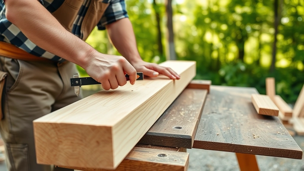 Professional carpenter measuring and marking pressure-treated lumber on a workbench with carpenter's square and pencil, sawdust visible, outdoor setting with trees in background