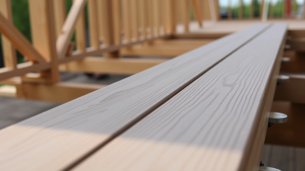 Composite decking installation with deck screws being driven into boards, joist hangers visible underneath, proper spacing between boards, professional framing structure in background