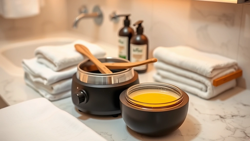Professional waxing setup with heated wax warmer, wooden spatula, and clean towels on bathroom counter, warm lighting, product labels not visible