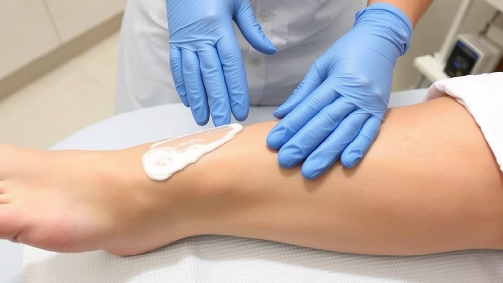 Person's leg showing proper wax application technique with thin even layer being spread against hair growth direction, clinical setting, no faces visible