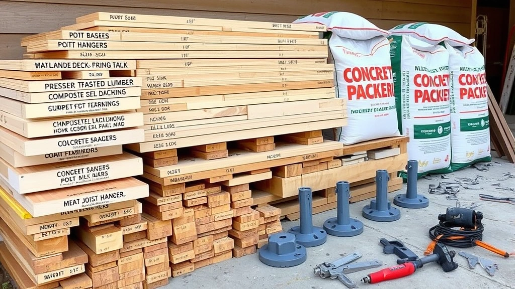 Organized pile of pressure-treated lumber, composite decking boards, galvanized fasteners, concrete mix bags, metal joist hangers, and post bases on a clean construction site with tools nearby