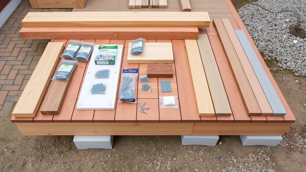 Deck construction materials laid out including pressure-treated lumber, composite boards, fasteners, concrete footings, and metal brackets arranged professionally on ground