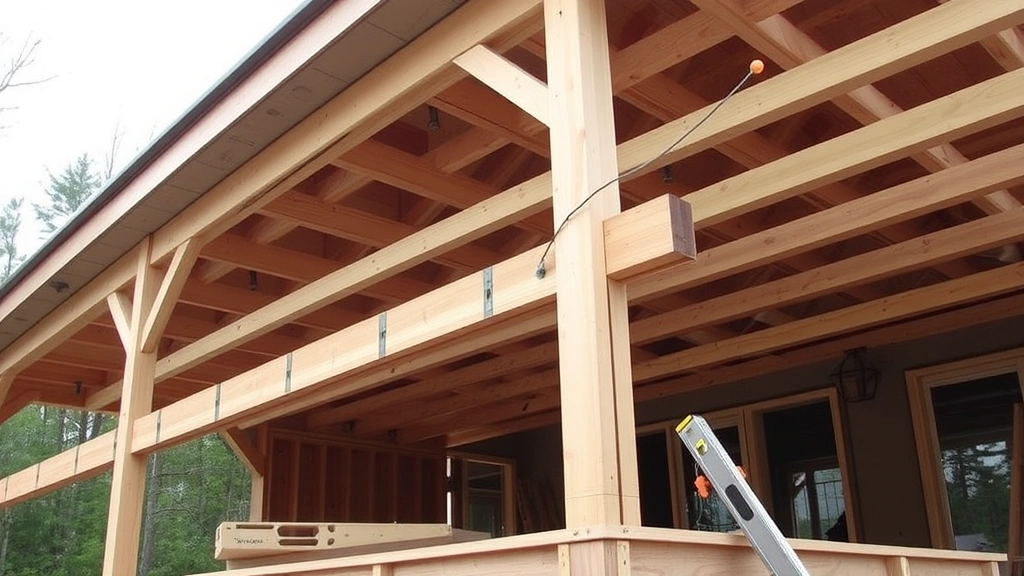 Deck framing structure showing installed joists, joist hangers, rim joists, and support posts during mid-construction stage with level and measuring tools visible
