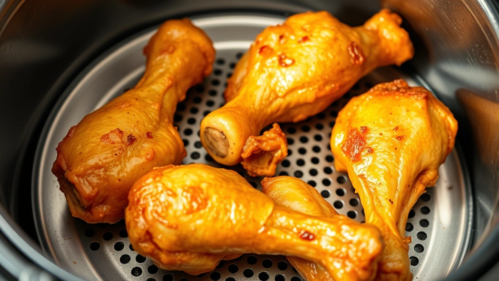 Golden-brown air-fried chicken drumsticks in stainless steel air fryer basket, showing crispy skin texture and even browning, professional kitchen lighting