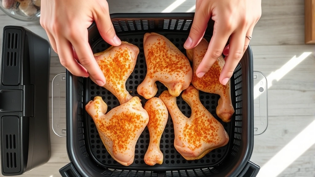 Hands arranging raw seasoned chicken drumsticks in single layer inside air fryer basket with proper spacing, overhead view, natural kitchen lighting