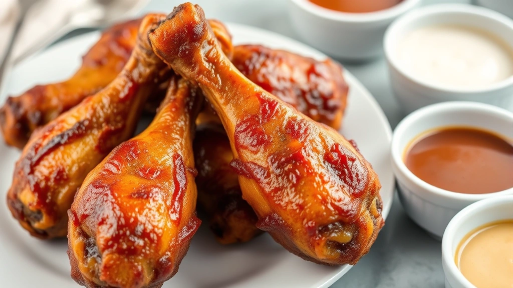 Close-up of perfectly cooked air-fried drumsticks with glossy caramelized exterior, steam rising, served on white plate with dipping sauce bowls nearby