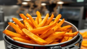 Golden-brown air-fried sweet potato fries in a stainless steel air fryer basket, showing crispy exterior texture with steam rising, professional kitchen setting with overhead lighting