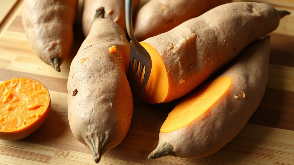 Whole sweet potatoes being pierced with a fork on a cutting board, close-up of fork tines entering potato skin, natural kitchen lighting, wooden cutting board background