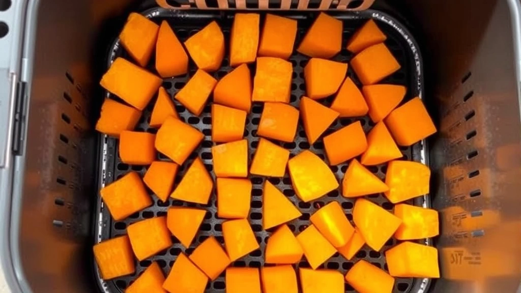 Sliced sweet potato cubes arranged in a single layer in an air fryer basket, vibrant orange color, showing proper spacing for air circulation, interior air fryer view with heating element visible above