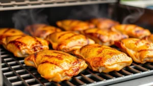 Golden-brown boneless chicken thighs on a stainless steel grill grate with visible crosshatch grill marks, smoke wisping in background, professional outdoor kitchen setting
