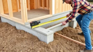 Professional builder measuring and leveling a concrete pier foundation for shed construction, showing proper spacing and alignment with string lines on compacted soil