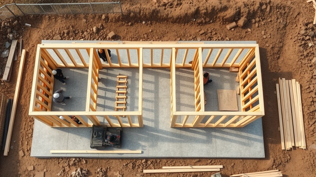 Overhead view of pre-assembled wall sections laid out on ground with framing square and level, ready for raising onto foundation with multiple workers
