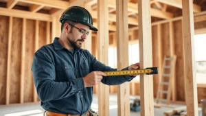 Professional carpenter measuring wooden framing with tape measure on residential construction site, sunlit workshop environment, focused on precision measurement technique