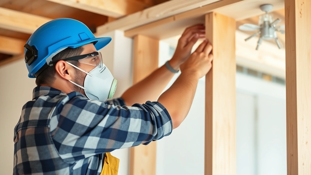 Safety-equipped DIY builder installing drywall on interior wall frame, wearing protective glasses and dust mask, demonstrating proper personal protective equipment usage