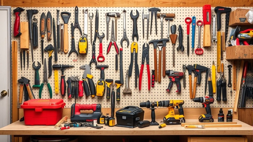 Organized workshop with hand tools and power tools arranged on pegboard and workbench, showing complete basic toolkit for residential building projects